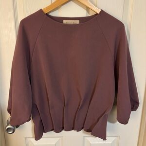 Mauve Pleated Hem Blouse 3/4 Puff Sleeve Structured Modern Minimalist Top